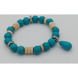 Dyed Turquoise Colored Magnesite Wood Stretch Rhinestone Teardrop Bracelet 1423